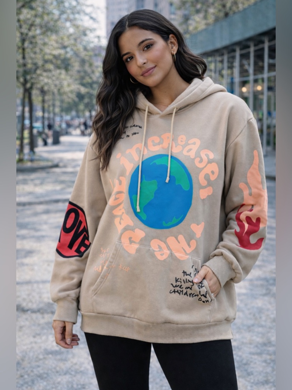 PacSun Beige Graphic Hoodie “Increase The Peace” Earth Print Oversized M